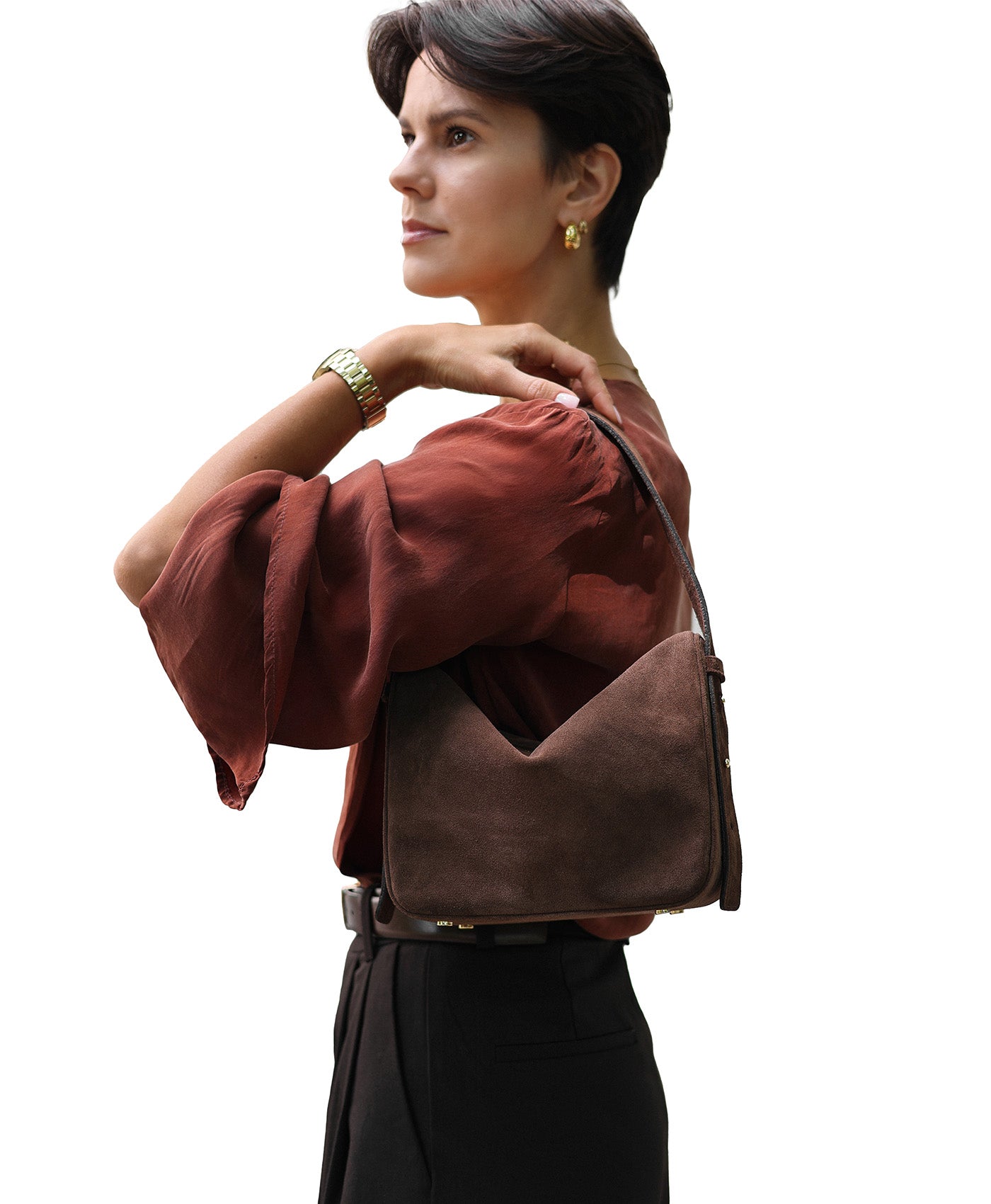 "BOBBI S” ZAMSZ CZEKOLADA, ŚREDNI WĄSKI PASEK „MINIMAL” ZAMSZ